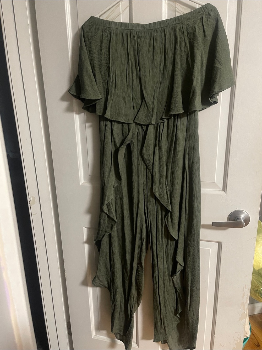 Kori Olive Off-the-Shoulder Ruffled Wide-Leg Jumpsuit